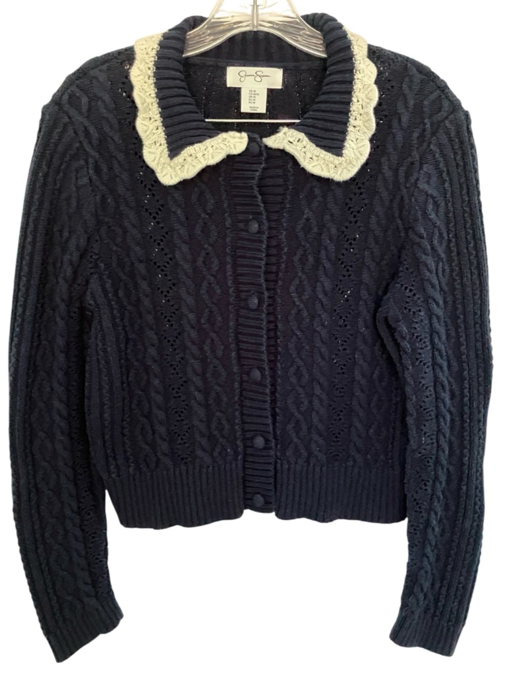 Cottagecore Navy Blue Cable-Knit Cardigan with Cream Crochet Collar